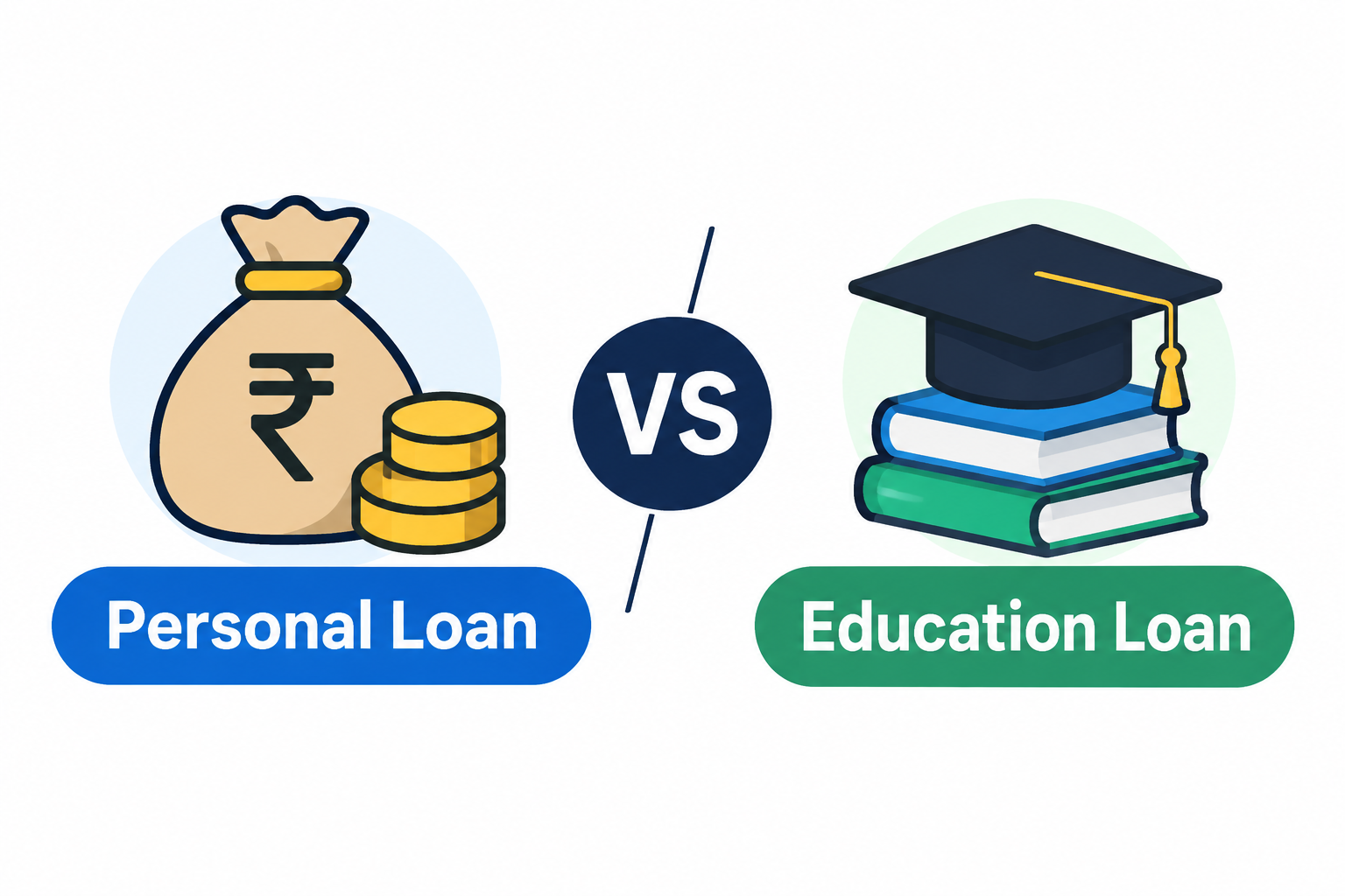 Personal Loan vs Education Loan comparison showing a money bag and coins for a personal loan and a graduation cap with books for an education loan.